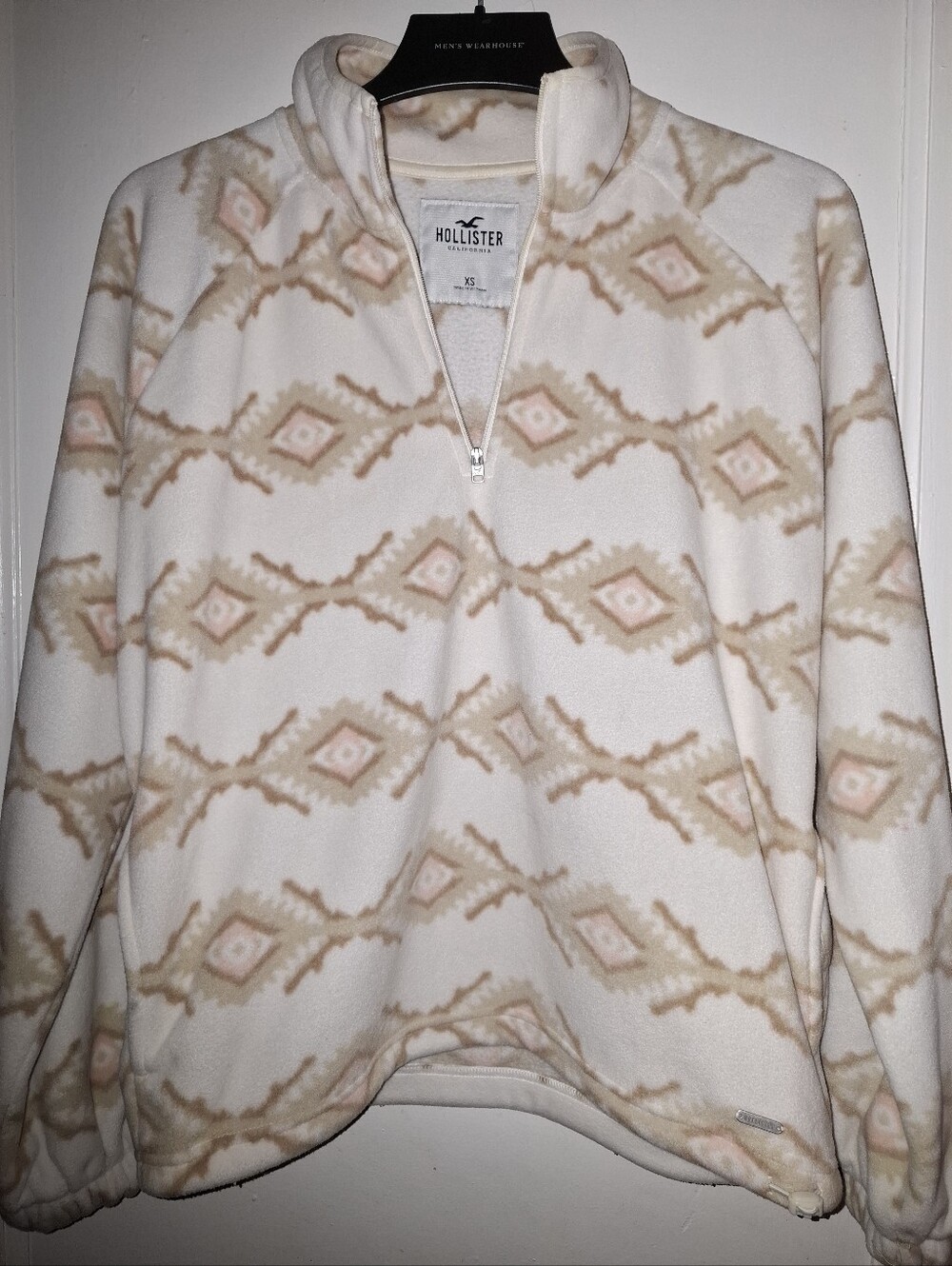 Hollister Cream Fleece Quarter-Zip with Beige & Pink Aztec Motif